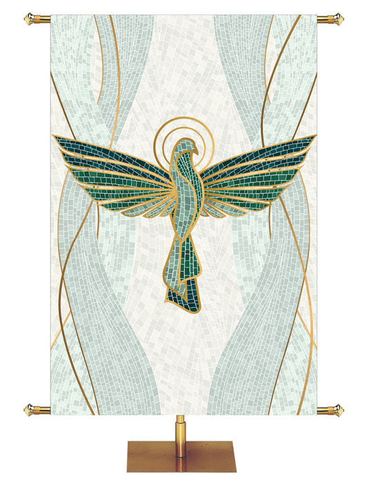 Dove Symbol with gold accents Mosaics of Faith Design (left) on background of muted shades of Blue 4x6 format