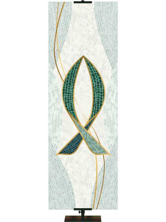 Fish Symbol with gold accents Mosaics of Faith Design (left) on background of muted shades of Blue 2x6 format