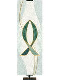 Fish Symbol with gold accents Mosaics of Faith Design (left) on background of muted shades of Blue 2x6 format
