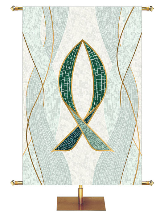 Fish Symbol with gold accents Mosaics of Faith Design (left) on background of muted shades of Blue 4x6 format
