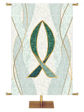 Fish Symbol with gold accents Mosaics of Faith Design (left) on background of muted shades of Blue 4x6 format