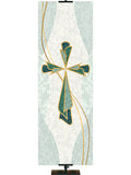 Cross Symbol with gold accents Mosaics of Faith Design (left) on background of muted shades of Blue 2x6 format