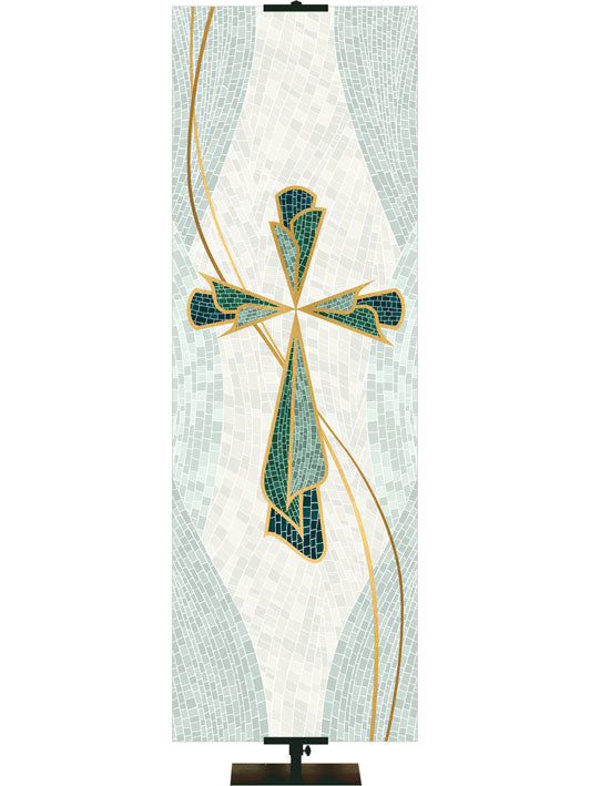 Cross Symbol with gold accents Mosaics of Faith Design (left) on background of muted shades of Blue 2x6 format