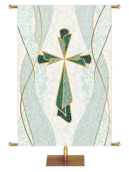 Cross Symbol with gold accents Mosaics of Faith Design (left) on background of muted shades of Blue 4x6 format