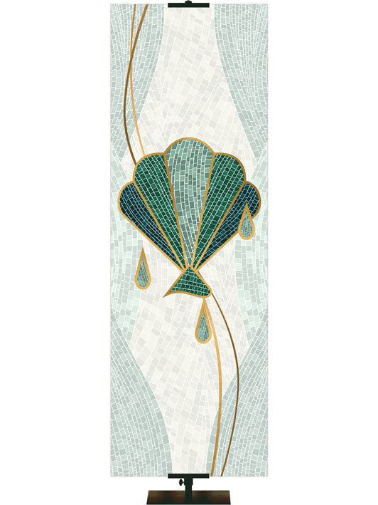 Baptism Shell Symbol with gold accents Mosaics of Faith Design (left) on background of muted shades of Blue 2x6 format