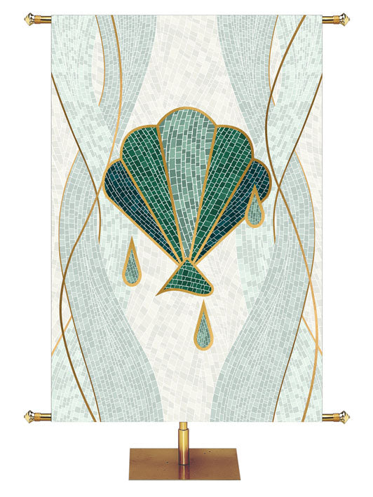 Baptism Shell Symbol with gold accents Mosaics of Faith Design (left) on background of muted shades of Blue 4x6 format