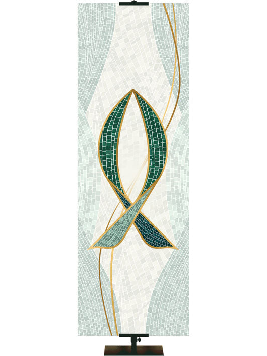 Fish Symbol with gold accents Mosaics of Faith Design (right) on background of muted shades of Blue 2x6 format