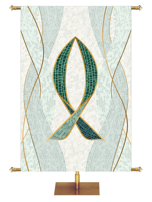 Fish Symbol with gold accents Mosaics of Faith Design (right) on background of muted shades of Blue 4x6 format