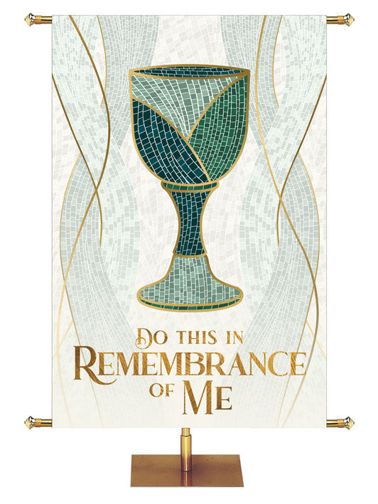 Do This In Remembrance Of Me in gold with Communion Chalice Symbol Mosaics of Faith Design (right) on background of muted shades of Blue