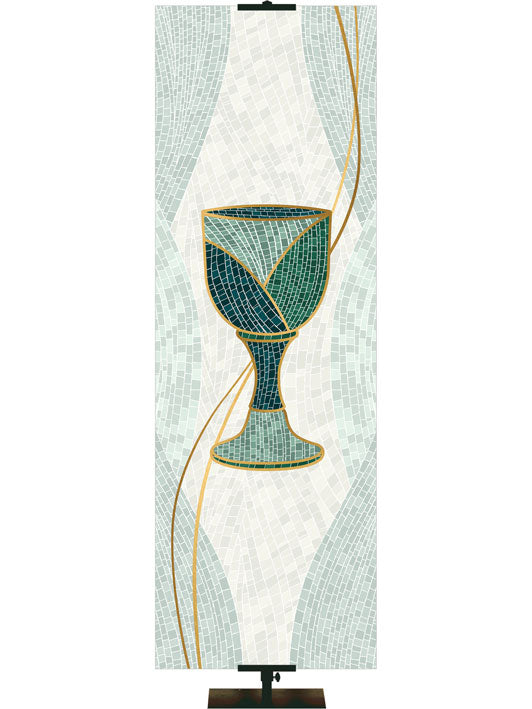 Communion Chalice Symbol with gold accents Mosaics of Faith Design (right) on background of muted shades of Blue 2x6 format