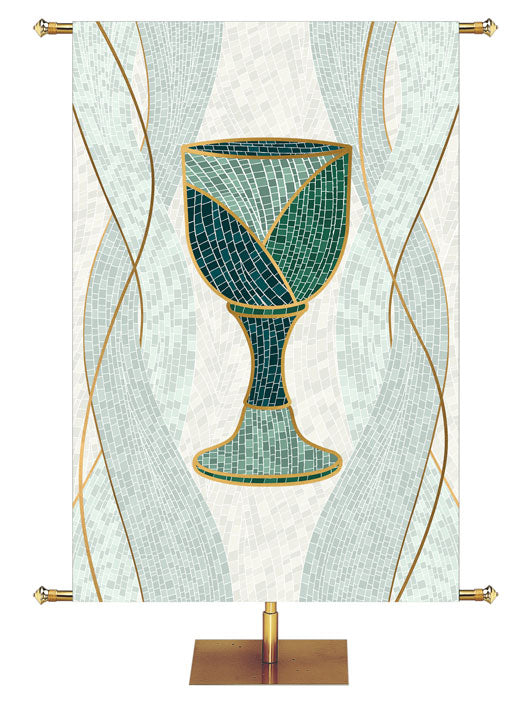 Communion Chalice Symbol with gold accents Mosaics of Faith Design (right) on background of muted shades of Blue 4x6 format