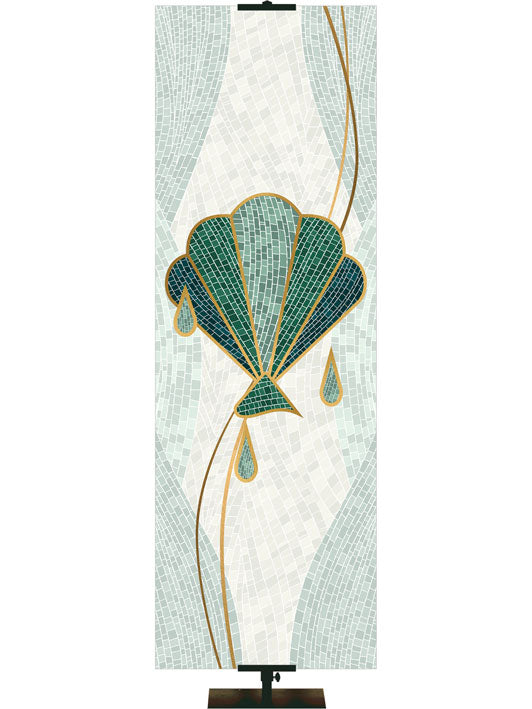 Baptism Shell Symbol with gold accents Mosaics of Faith Design (right) on background of muted shades of Blue 2x6 format