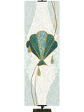 Baptism Shell Symbol with gold accents Mosaics of Faith Design (right) on background of muted shades of Blue 2x6 format