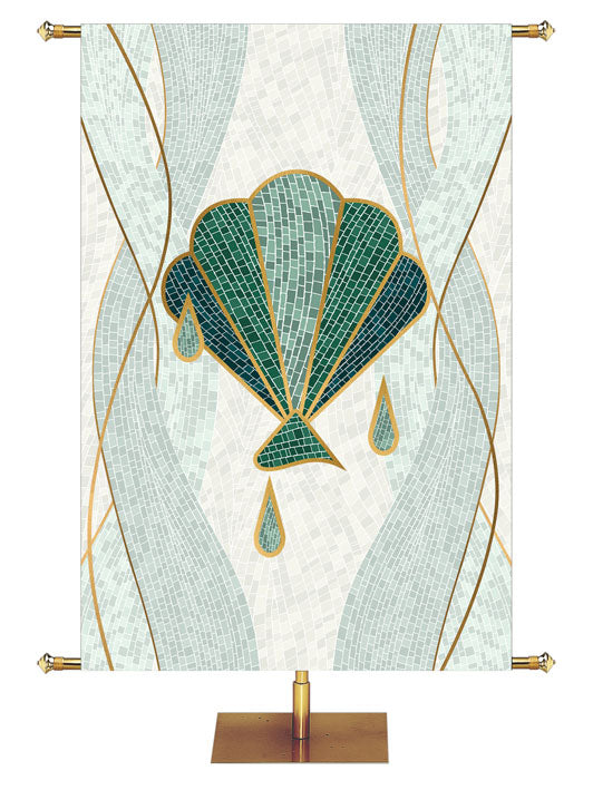 Baptism Shell Symbol with gold accents Mosaics of Faith Design (right) on background of muted shades of Blue 4x6 format