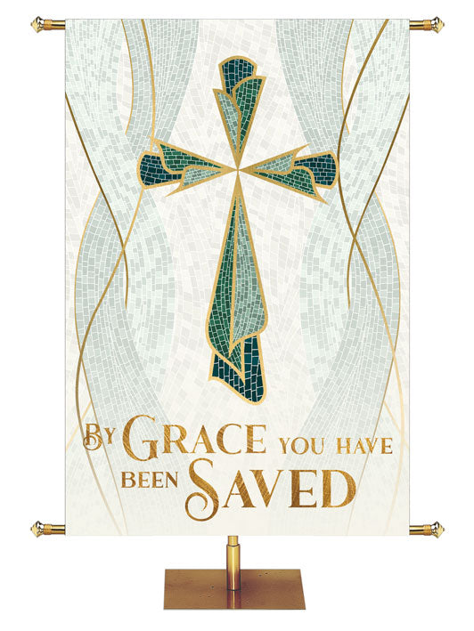 By Grace You Have Been Saved in gold with Cross Symbol Mosaics of Faith Design on background of muted shades of Blue