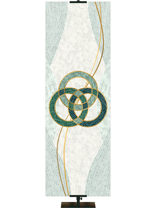 Trinity Symbol with gold accents Mosaics of Faith Design (left) on background of muted shades of Blue 2x6 format