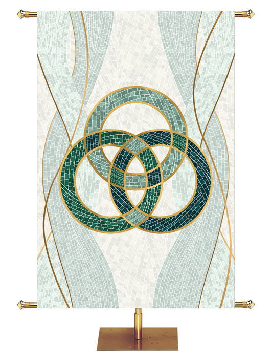 Trinity Symbol with gold accents Mosaics of Faith Design (left) on background of muted shades of Blue 4x6 format
