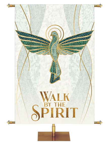 Walk By The Spirit in gold with Dove Symbol Mosaics of Faith Design (right) on background of muted shades of Blue