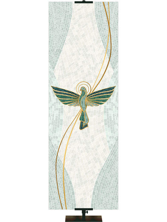 Dove Symbol with gold accents Mosaics of Faith Design (right) on background of muted shades of Blue 2x6 format