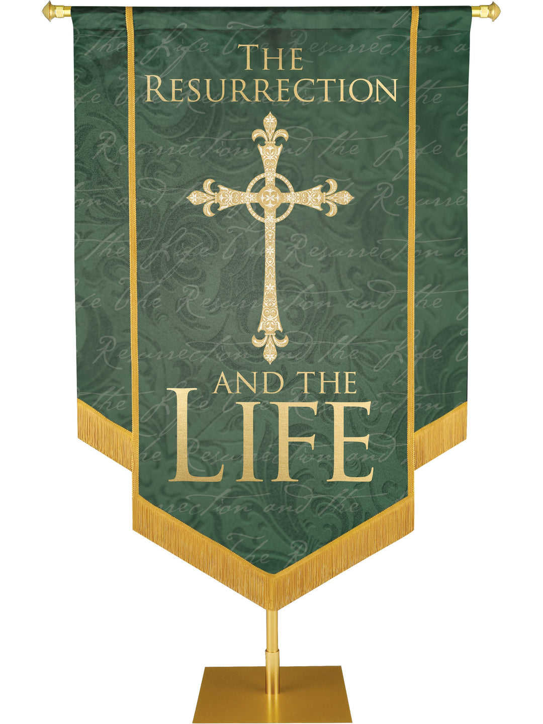 Irregular Names of Christ The Resurrection And The Life Embellished Banner (3 ft 6 in x 5 ft, Hunter Green)