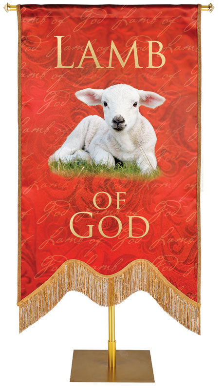 Irregular Names of Christ M-Shape Lamb of God Embellished Banner (5 ft x 7 ft, Red)