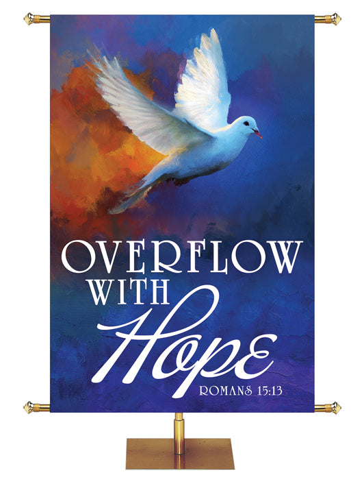 Church Banner for Pentecost Overflow With Hope Romans 15:13 in white letters and white Dove in flight facing right on blue banner with red flourish accent