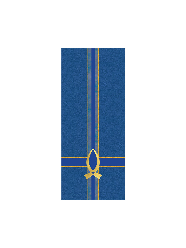 Pulpit Scarf Tapestries of Faith Design Fish Symbol in Gold on Blue, Green, Purple, Red, or White Banner