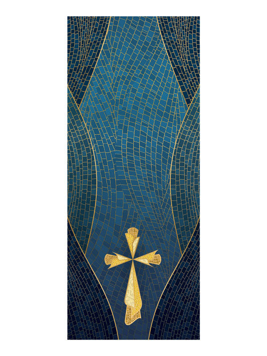 Pulpit Scarf Christmas Mosaic Design Cross Symbol in Gold on Blue, Green, Purple, Red, or White Banner