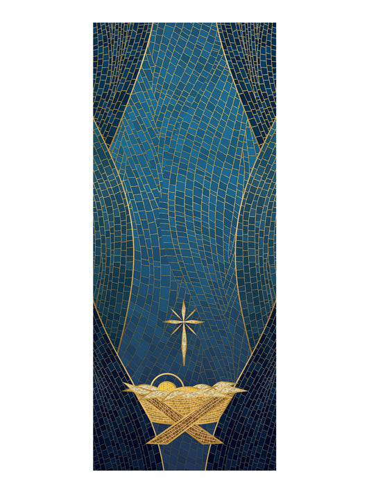 Pulpit Scarf Christmas Mosaic Design Manger Symbol in Gold on Blue, Green, Purple, Red, or White Banner