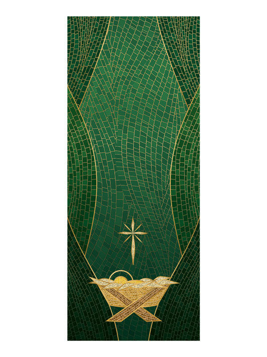 Pulpit Scarf Christmas Mosaic Design Manger Symbol in Gold on Blue, Green, Purple, Red, or White Banner