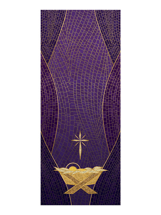 Pulpit Scarf Christmas Mosaic Design Manger Symbol in Gold on Blue, Green, Purple, Red, or White Banner