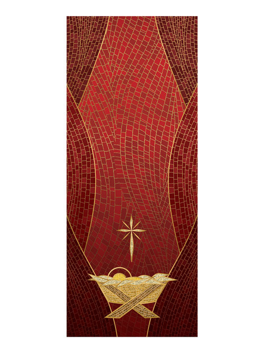 Pulpit Scarf Christmas Mosaic Design Manger Symbol in Gold on Blue, Green, Purple, Red, or White Banner