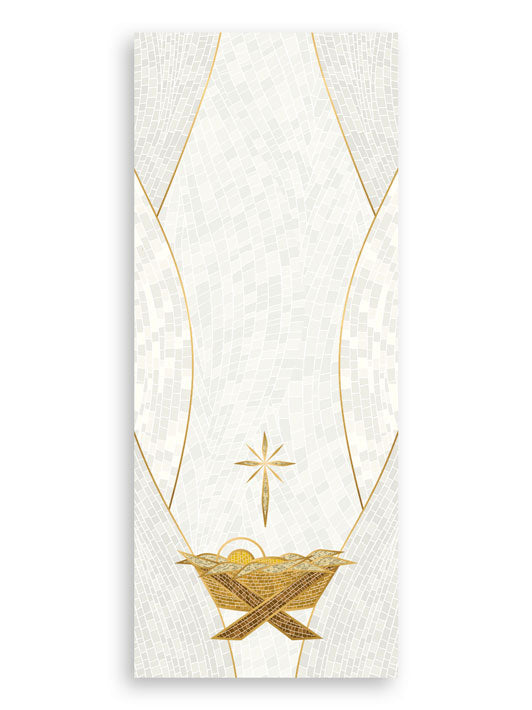 Pulpit Scarf Christmas Mosaic Design Manger Symbol in Gold on Blue, Green, Purple, Red, or White Banner