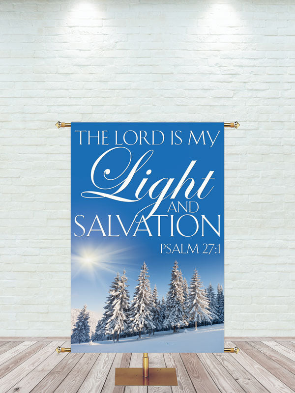 Church Banner Sacred Winter Design - The Lord Is My Light with photograph of snow covered evergreen forest and bright sunshine