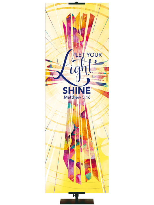 Let Your Light Shine. Matthew 5:16. Radiant Cross Design (left format) in Multicolor on Yellow