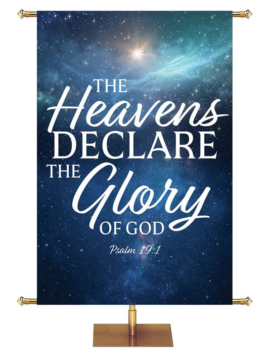 The Heavens Declare The Glory of God Psalm 19:1. Star-filled night sky with brightly shining star in the distance  and white and light blue lettering