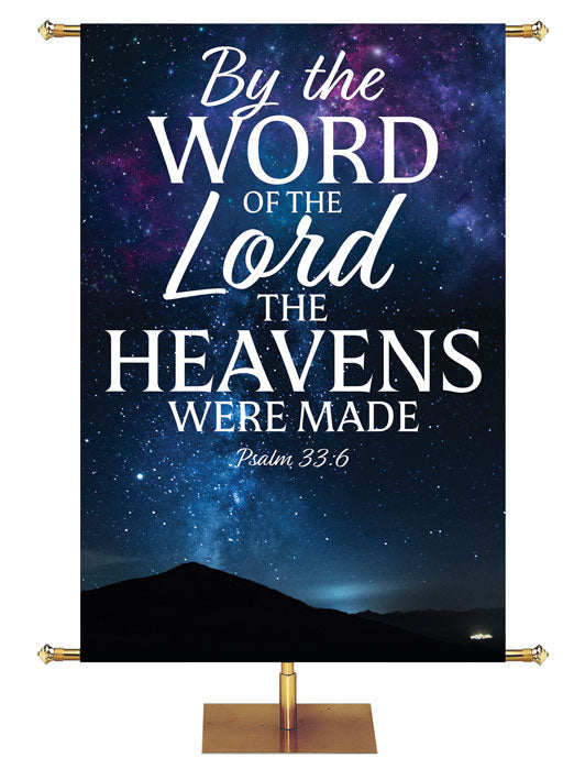 By The Word of The Lord The Heavens Were Made Psalm 33:6. Star-filled night sky with silhouette of distant mountain  and white and light blue lettering