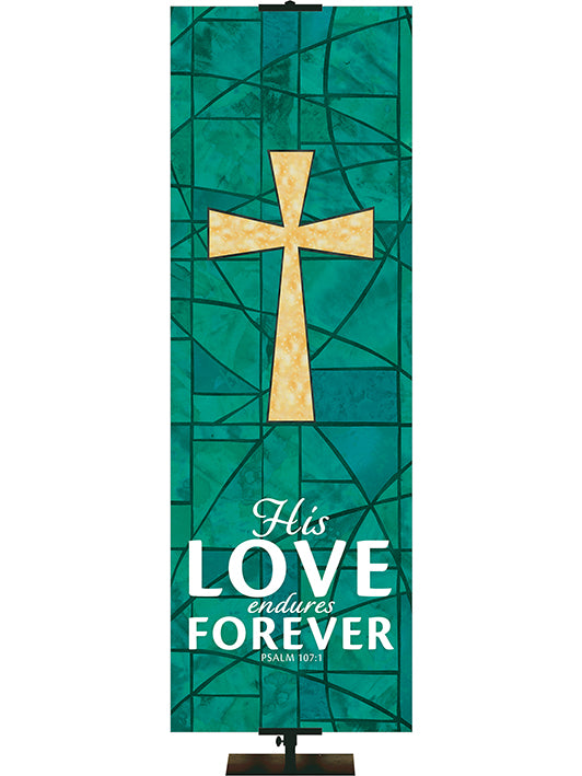 Overstock His Love Endures Forever - Cross - Stained Glass Classics, 3 ft x 9 ft, Green, Pole Hems
