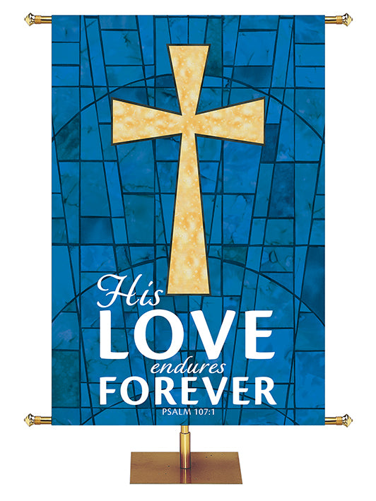 His Love Endures Forever - Cross - Stained Glass Classics Blue 4x6 Format