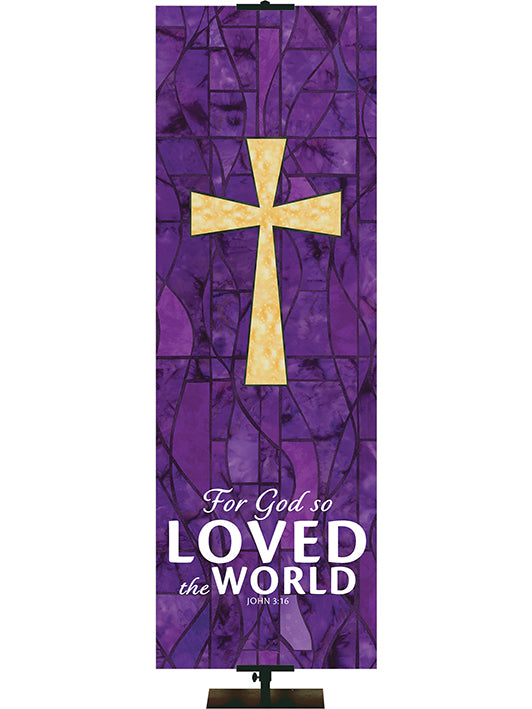 Overstock For God So Loved The World - Cross - Stained Glass Classics, 3 ft x 9 ft, Purple, Pole Hems