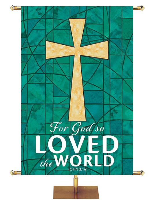 For God So Loved The World - Cross - Stained Glass Classics Green 4x6 Format