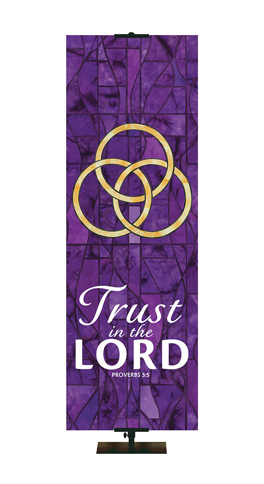Overstock Trust In The Lord - Trinity - Stained Glass Classics (4 ft x 12 ft, Pole Hems, Purple)