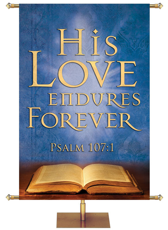 Overstock Scriptures For Life His Love Endures Forever, 18 in x 5 ft, Blue, Pole Hems
