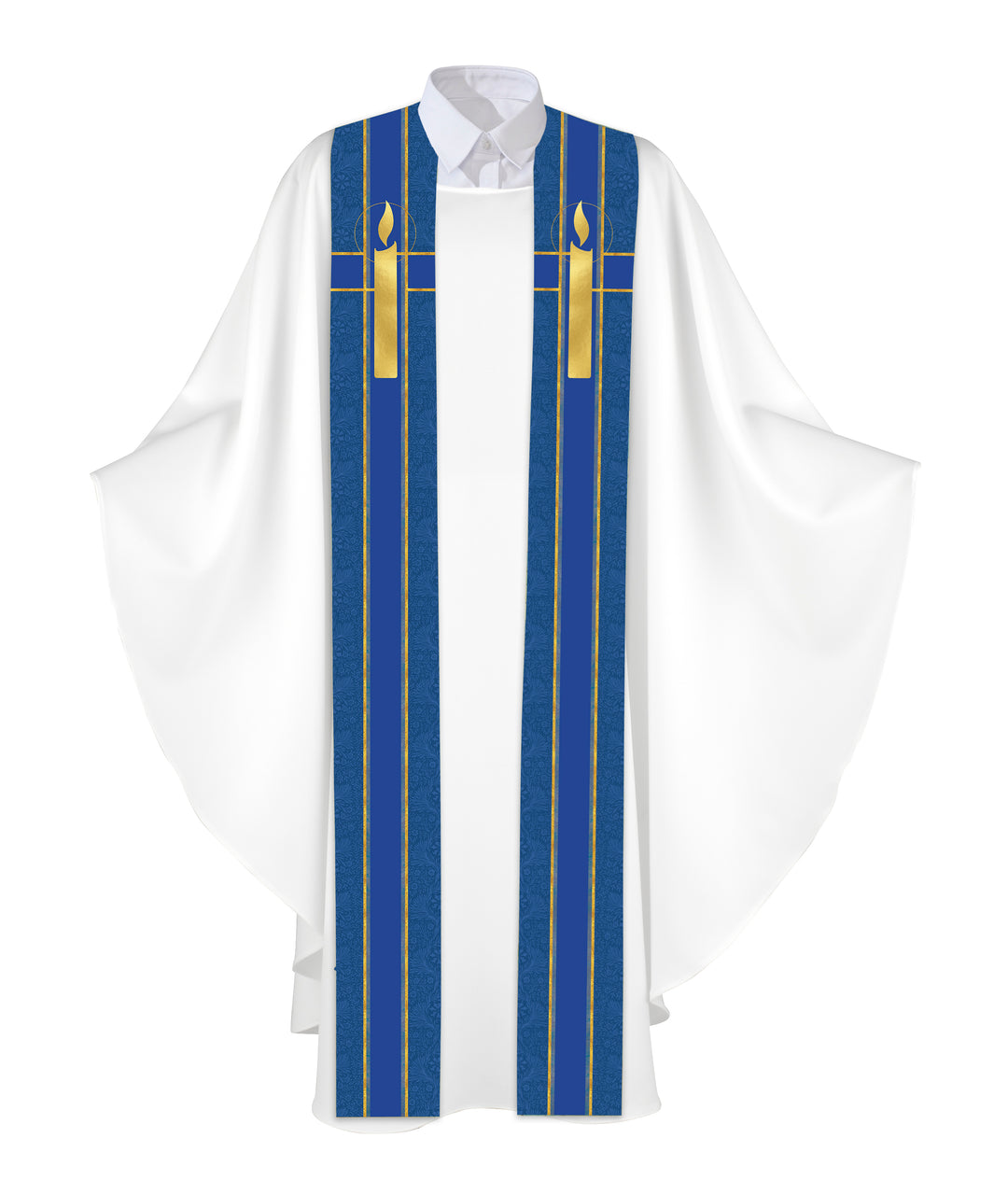 Clerical Stole Tapestries of Faith Design Candle Symbol in Gold on Blue, Green, Purple, Red, or White Banner