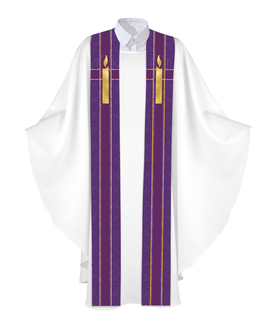 Clerical Stole Tapestries of Faith Design Candle Symbol in Gold on Blue, Green, Purple, Red, or White Banner