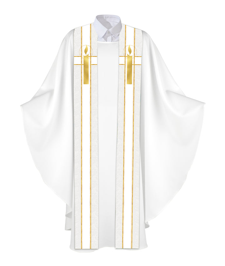 Clerical Stole Tapestries of Faith Design Candle Symbol in Gold on Blue, Green, Purple, Red, or White Banner