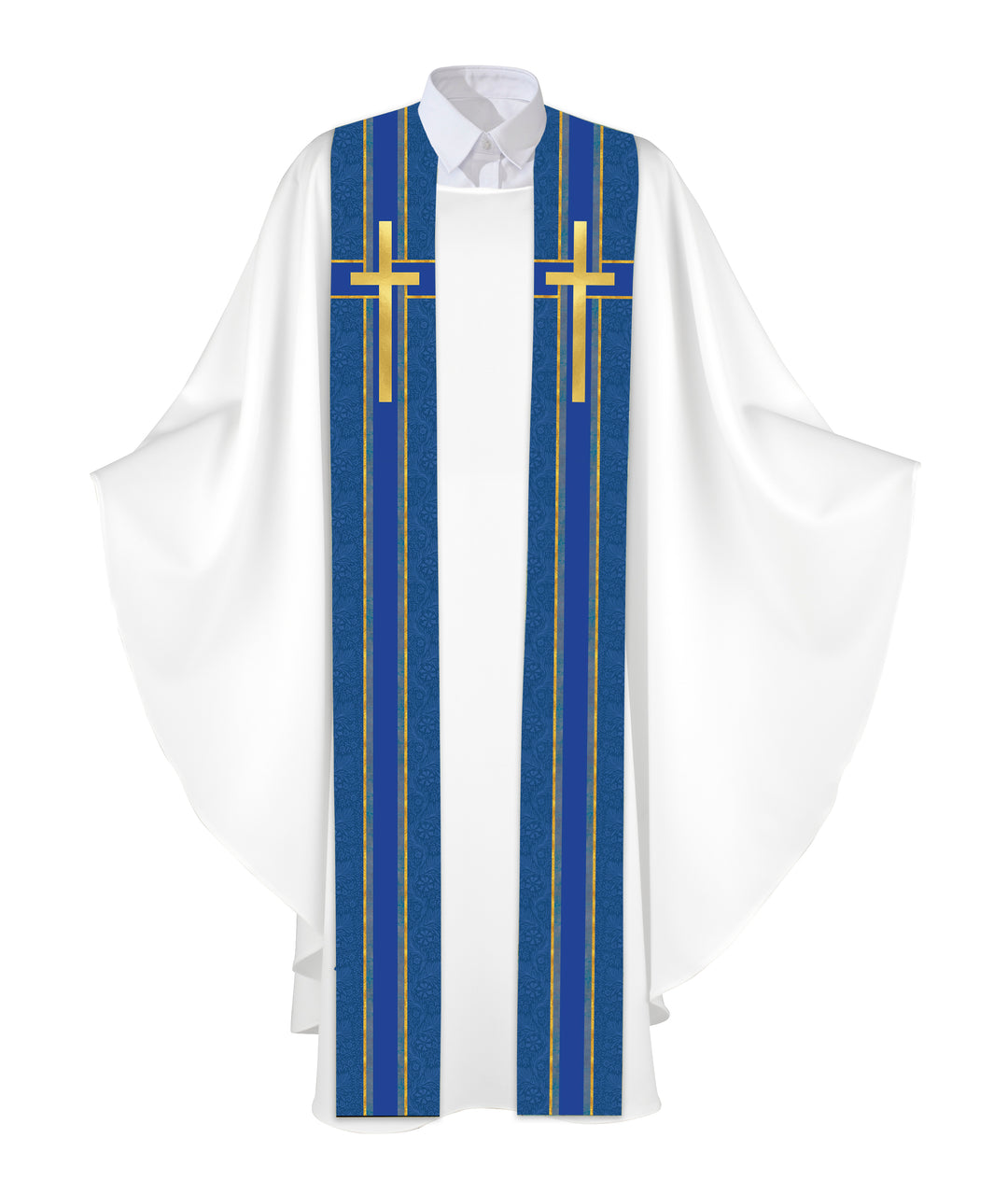Clerical Stole Tapestries of Faith Design Cross Symbol in Gold on Blue, Green, Purple, Red, or White Banner