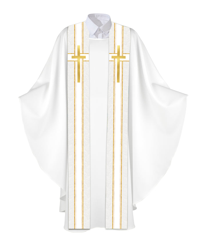 Clerical Stole Tapestries of Faith Design Cross Symbol in Gold on Blue, Green, Purple, Red, or White Banner