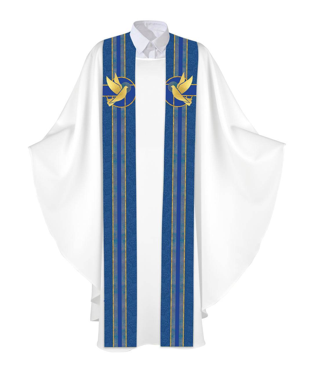 Clerical Stole Tapestries of Faith Design Dove Symbol in Gold on Blue, Green, Purple, Red, or White Banner