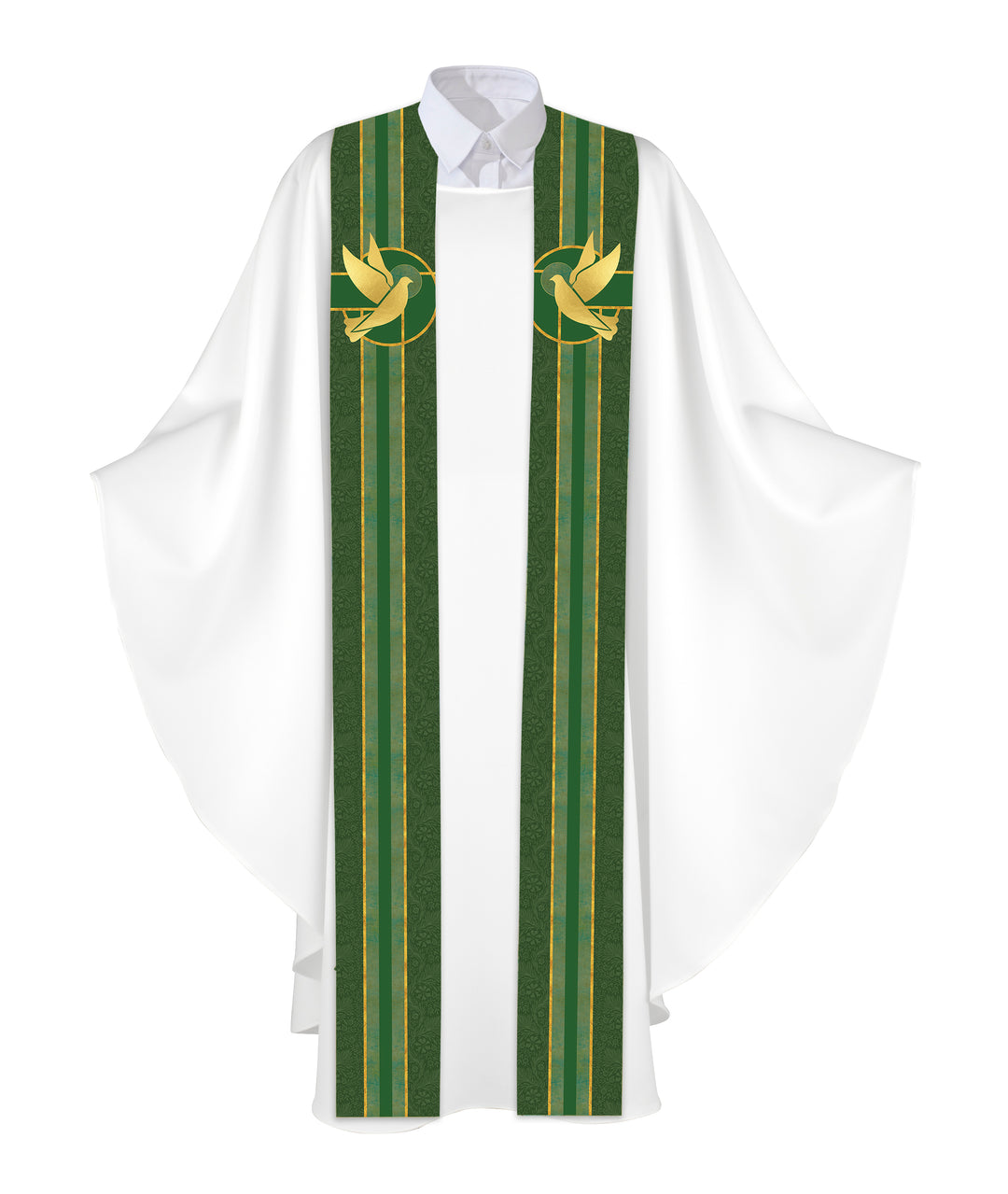 Clerical Stole Tapestries of Faith Design Dove Symbol in Gold on Blue, Green, Purple, Red, or White Banner